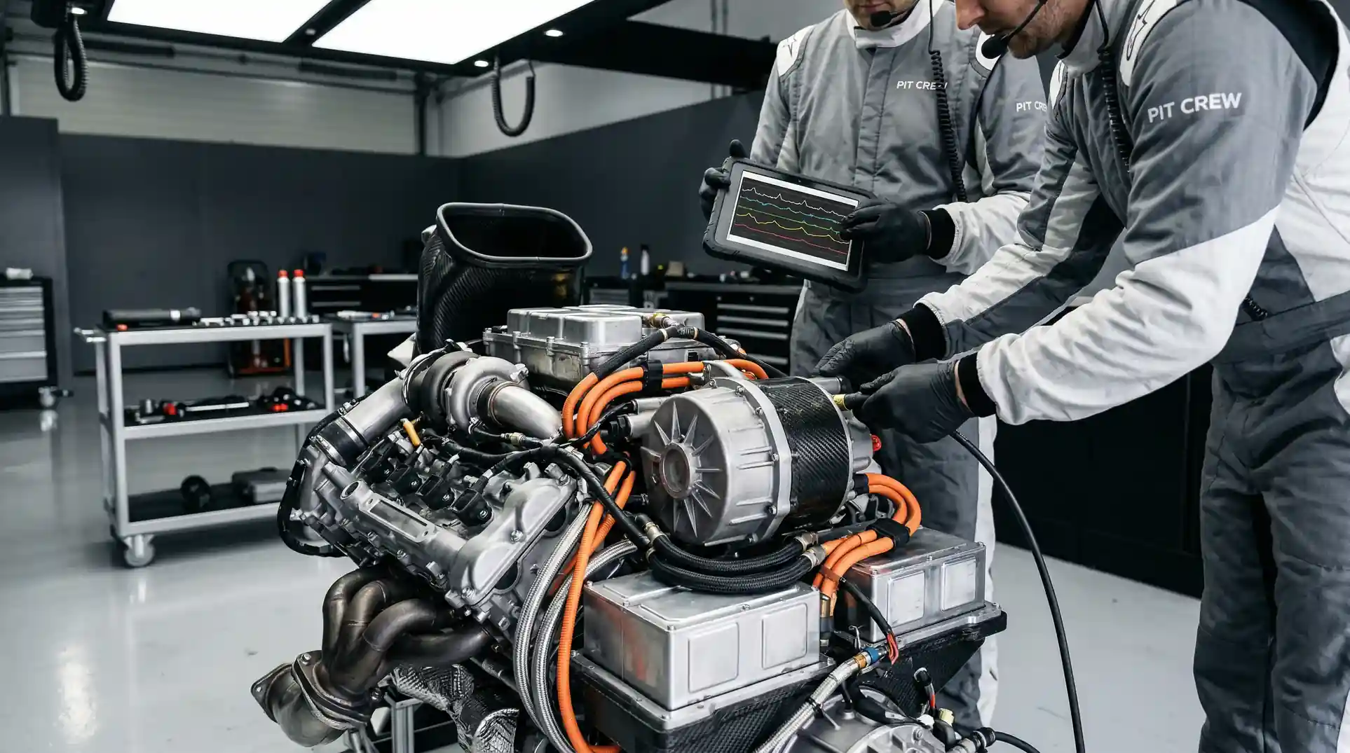 Hybrid-Power-Unit eines Formel-1-Boliden mit MGU-K-Komponenten in der Boxengasse