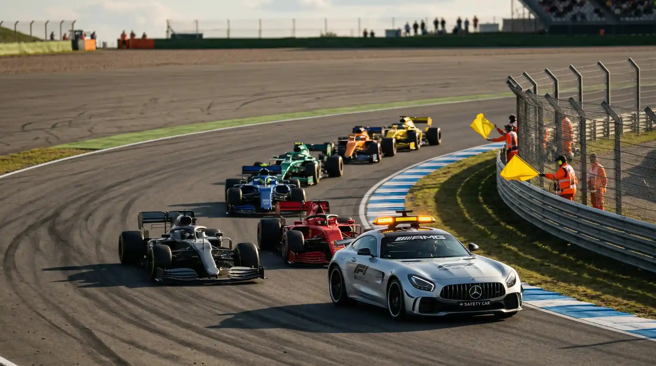 Safety Car führt das Formel-1-Feld in der Boxengasse während einer Neutralisationsphase