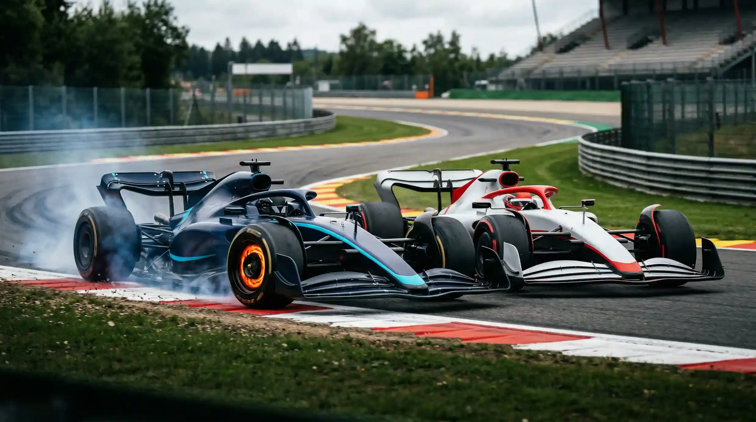 Zwei Formel-1-Boliden im direkten Duell beim Bremspunkt einer Schikane