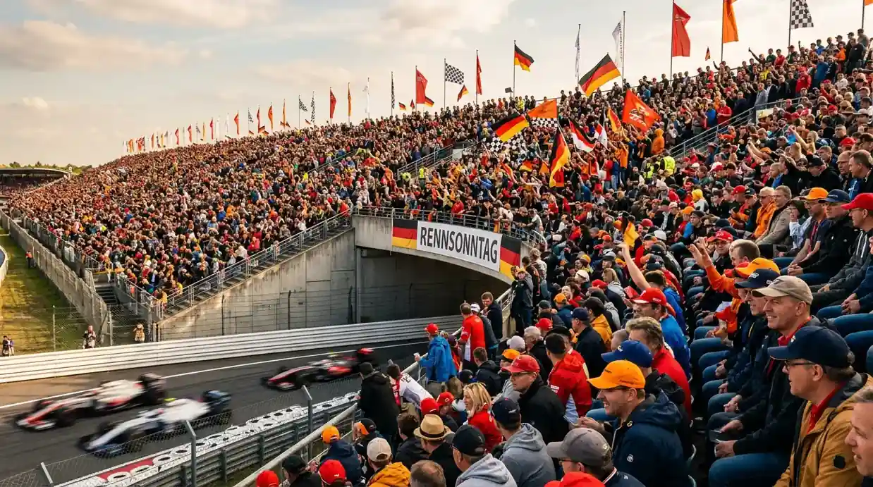 Volle Tribüne mit Formel-1-Fans an einer Rennstrecke zur Saison 2026